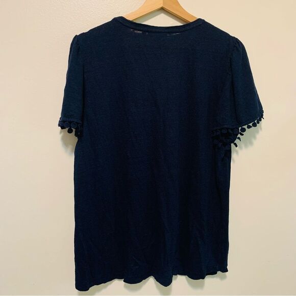 Chicos Navy Blue Knit Linen Pom Pom trim V Neck Tee Shirt size large - Picture 6 of 6
